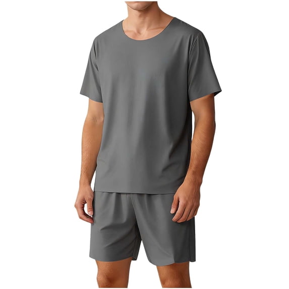 Mens 2-Piece Ribbed Knit Loungewear Outfits Crewneck T-Shirt & Elastic Waist Shorts Set Casual Breathable Sleepwear Set