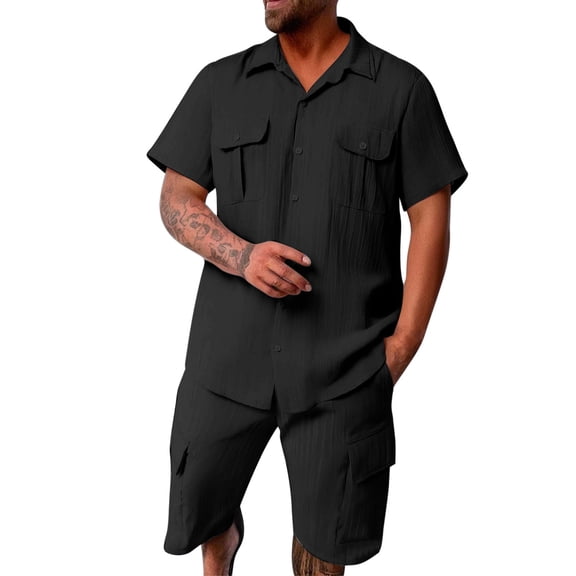 Mens 2 Piece Set Outfits Button Up Short Sleeve T-Shirt Elastic Waist Drawstring Shorts Sets with Pockets Summer Casual Loose Holiday Vocation Suits