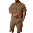 thumbnail image 1 of Mens 2 Piece Set Outfits Button Up Short Sleeve T-Shirt Elastic Waist Drawstring Shorts Sets with Pockets Summer Casual Loose Holiday Vocation Suits, 1 of 6