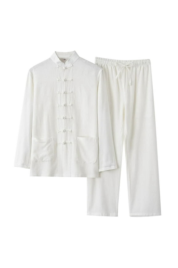 Mens 2 Piece Set Outfits Long Sleeve Classic Cotton Linen Chinese Style Shirt and Pants Sets Retro Loose Tai Chi Tracksuits,White,XL