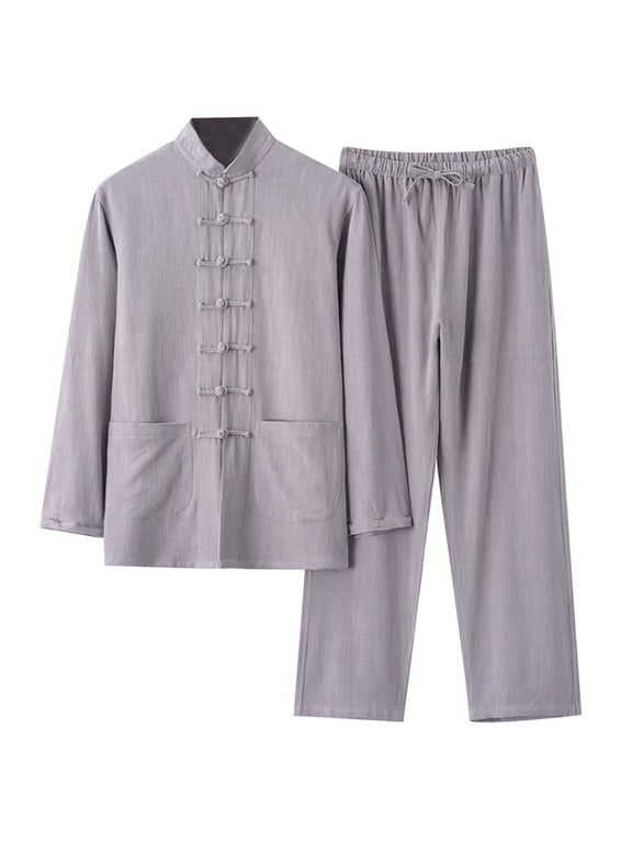 Mens 2 Piece Set Outfits Long Sleeve Classic Cotton Linen Chinese Style Shirt and Pants Sets Retro Loose Tai Chi Tracksuits