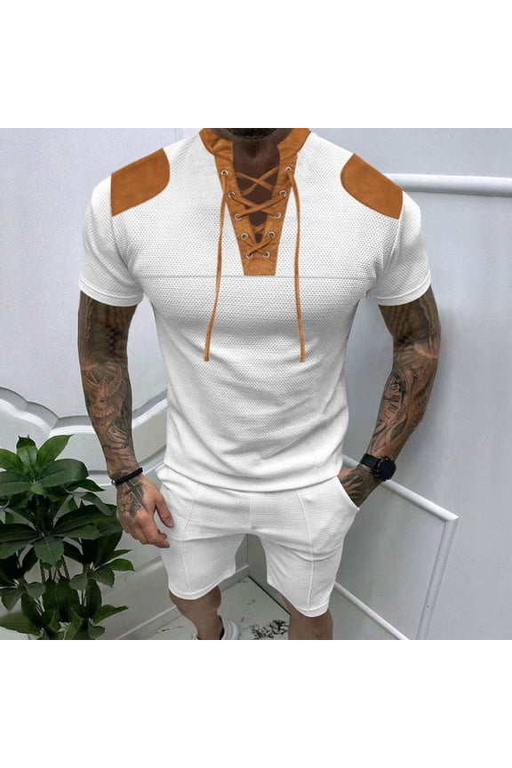 Mens 2 Piece Set Short Sleeve Retro Medieval Lace up Henley Shirt and Shorts Summer Distressed Pirate Vacation Outfits White