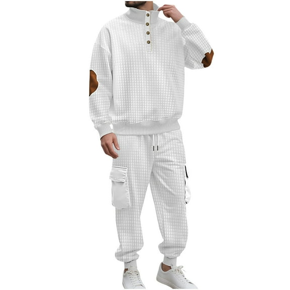 Mens 2 Piece Sets Long Sleeve Jacquard High Neck Pullover and Joggers Cargo Pant Tracksuits Fall Winter Outfits (XL, White)