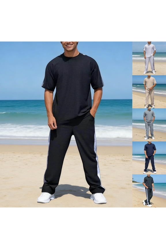 Mens 2 Piece Sets Loose Fit Sport Short Sleeve Round Neck T Shirt and Pants Running Athletic Gym Summer Pajama Short Set