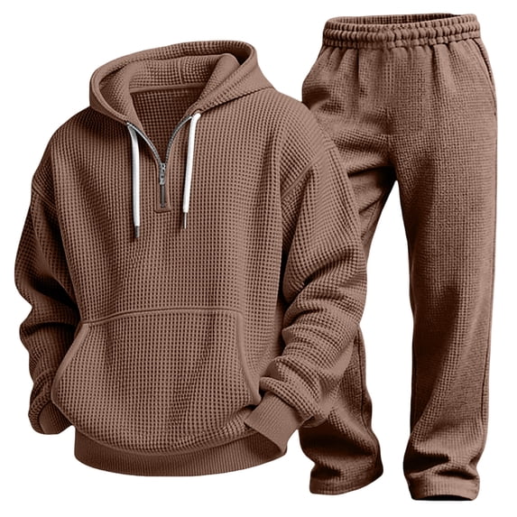 Mens 2 Piece Sets Quarter Zipper Drawstring Hooded Tops Wide Leg Pants Solid Color Fashion Outfits for Daily Wear Brown XXXXL
