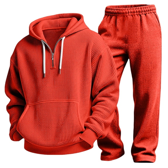 Mens 2 Piece Sets Quarter Zipper Drawstring Hooded Tops Wide Leg Pants Solid Color Fashion Outfits for Daily Wear Red S