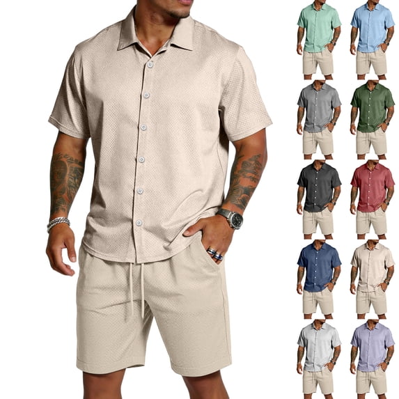 Mens 2 Piece Sets Short Sleeve Button Down Shirt Mesh Short with Pocket Casual Summer Beach Vacation Outfit Gray 2XL