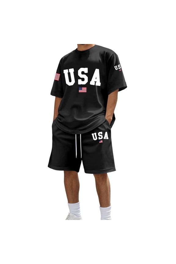 Mens 2 Piece Sets Summer Short Sleeve USA Print T-Shirt and Shorts Loose Fit Comfortable Loungewear Homewear