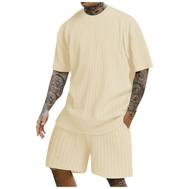 Mens 2 Piece Short Set 4x Solid Shirt Top and Shorts Set Athletic Fit Sweatsuit Going Out Outfits Light Yellow,XL