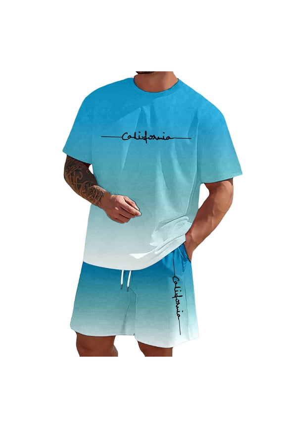 Mens 2 Piece Short Set Short Sets Short Sleeve Crew Neck T Shirt Short Jogging Bottoms Set Loose Fit Workout Tracksuits (Sky Blue_05 ,2XL)