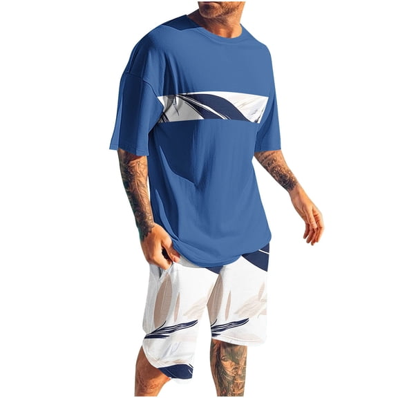Mens 2 Piece Shorts Sets Summer Beach Fashion Hawaiian Outfits Tropical Printed Casual Short Sleeve Loungewear (4XL, Blue #C)