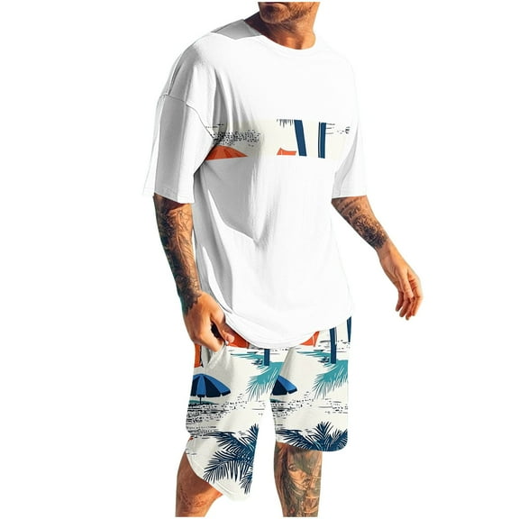 Mens 2 Piece Shorts Sets Summer Beach Fashion Hawaiian Outfits Tropical Printed Casual Short Sleeve Loungewear (M, White #I)