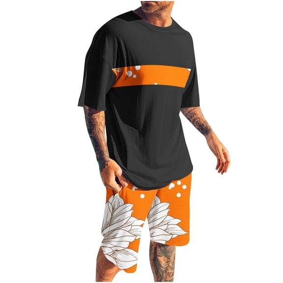 Mens 2 Piece Shorts Sets Summer Beach Fashion Hawaiian Outfits Tropical Printed Casual Short Sleeve Loungewear (XL, Black #E)