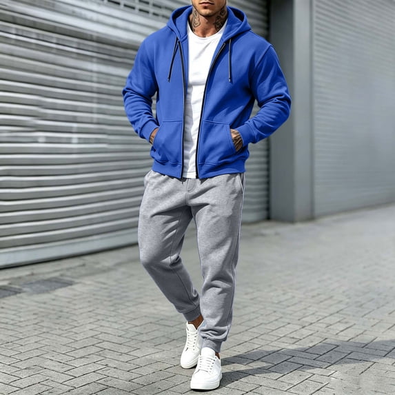 Mens 2 Piece Suits Full Zipper Drawstring Hooded Sweatshirts Elastic Waist Joggers Solid Color Fashion Comfy Outfits Blue S