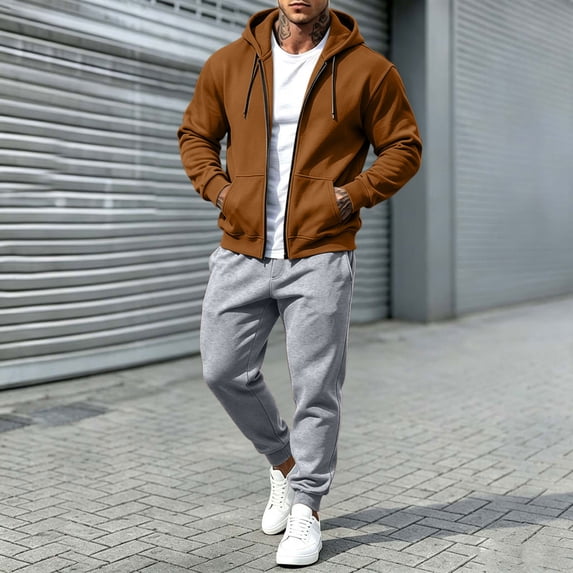 Mens 2 Piece Suits Full Zipper Drawstring Hooded Sweatshirts Elastic Waist Joggers Solid Color Fashion Comfy Outfits Brown XXL