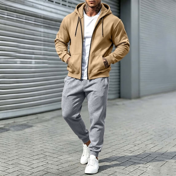Mens 2 Piece Suits Full Zipper Drawstring Hooded Sweatshirts Elastic Waist Joggers Solid Color Fashion Comfy Outfits Khaki XXL