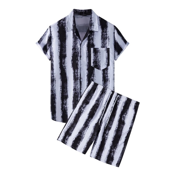 Mens 2 Piece Summer Vacation Outfit Set Striped Printed Short Sleeve Button Down Shirt And Casual Shorts Lightweight Breathable Beachwear For Daily Party Travel Black L