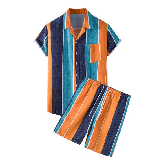 Mens 2 Piece Summer Vacation Outfit Set Striped Printed Short Sleeve Button Down Shirt And Casual Shorts Lightweight Breathable Beachwear For Daily Party Travel Orange M