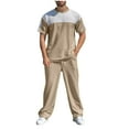 thumbnail image 1 of Mens 2 Piece Sweatsuit Set Waffle Colorblock Short Sleeve Sweatshirt Causal Sweatpants Tracksuits Outfits, 1 of 8