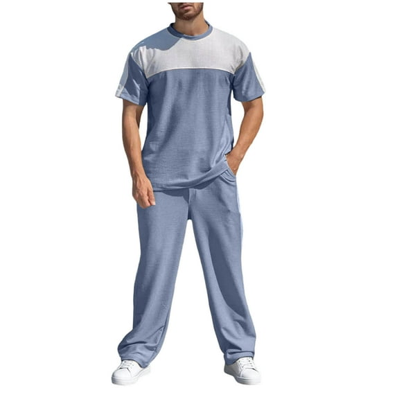 Mens 2 Piece Sweatsuit Set Waffle Colorblock Short Sleeve Sweatshirt Causal Sweatpants Tracksuits Outfits