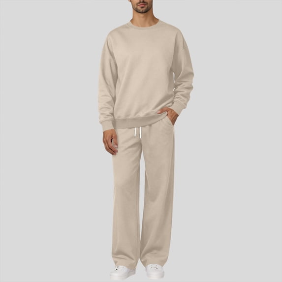 Mens 2 Piece Sweatsuits Crewneck Long Sleeve Pullover Tops Wide Leg Drawstring Pants Solid Color Fashion Comfy Suits Beige S