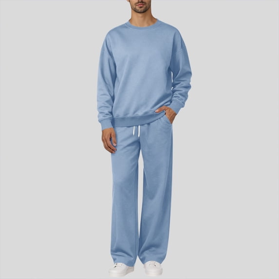 Mens 2 Piece Sweatsuits Crewneck Long Sleeve Pullover Tops Wide Leg Drawstring Pants Solid Color Fashion Comfy Suits Blue L
