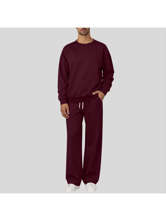 Mens 2 Piece Sweatsuits Crewneck Long Sleeve Pullover Tops Wide Leg Drawstring Pants Solid Color Fashion Comfy Suits Wine S