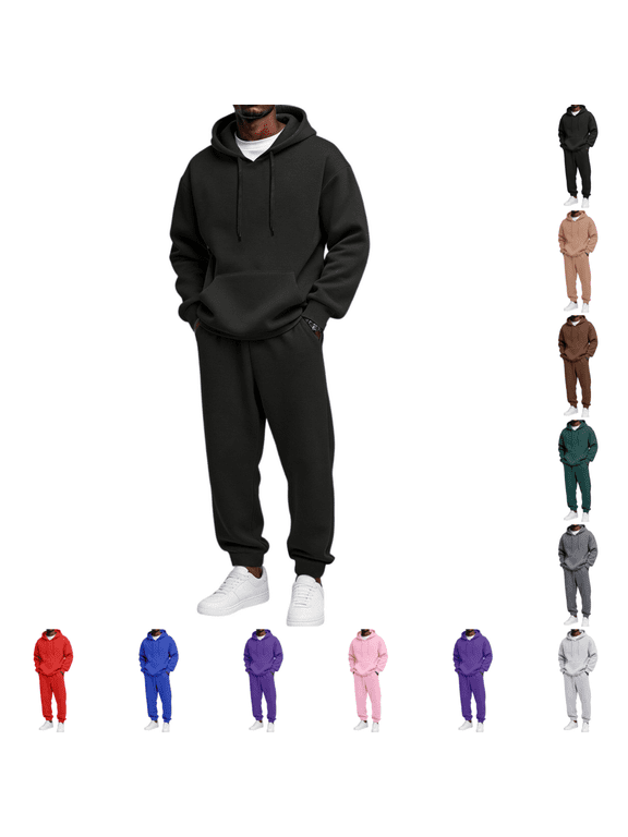 Mens 2 Piece Sweatsuits Fashion Casual Pure Color Sports Sets Winter Long Sleeve Drawstring Hoodies and Jogger Sweatpants Set Black S