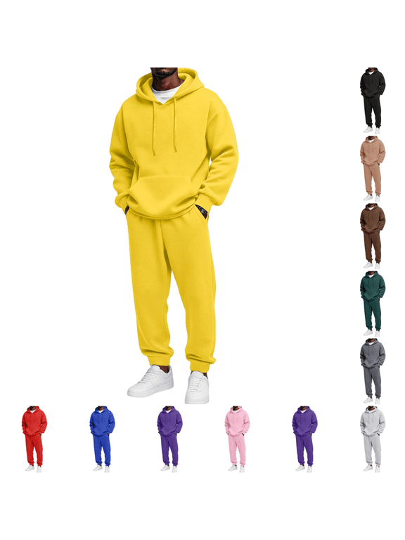 Mens 2 Piece Sweatsuits Fashion Casual Pure Color Sports Sets Winter Long Sleeve Drawstring Hoodies and Jogger Sweatpants Set Yellow L
