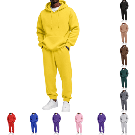 Urbanix Mens 2 Piece Sweatsuits Fashion Casual Pure Color Sports Sets Winter Long Sleeve Drawstring Hoodies and Jogger Sweatpants Set Yellow M
