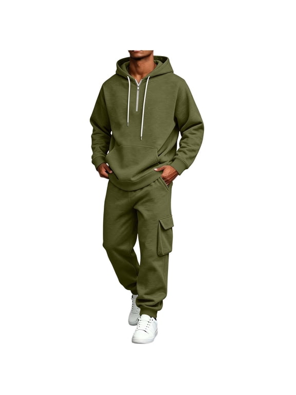 Mens 2 Piece Sweatsuits Quarter Zipper Drawstring Hooded Pullover Tops Wide Leg Elastic Waist Jogger Solid Color Fashion Comfy Suits Army Green S