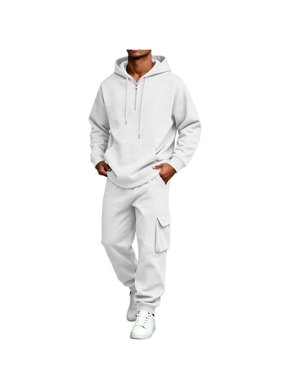 Mens 2 Piece Sweatsuits Quarter Zipper Drawstring Hooded Pullover Tops Wide Leg Elastic Waist Jogger Solid Color Fashion Comfy Suits White M