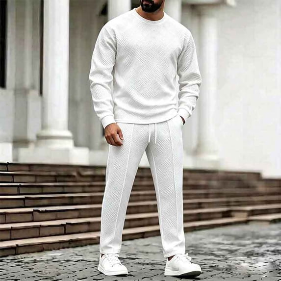Mens 2 Piece Sweatsuits Set Long Sleeve Round Neck Sweatshirt Jogging Sweatpants Tracksuits Outfits White M