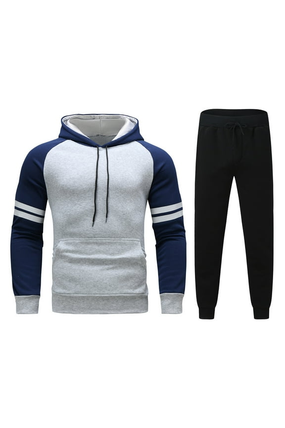 Mens 2 Piece Tracksuit Set Autumn Winter Color Block Hooded Pullover Sweatshirt and Jogging Bottoms Sports Suit with Pockets Patchwork Sweatsuit for Men UK Size 10-18