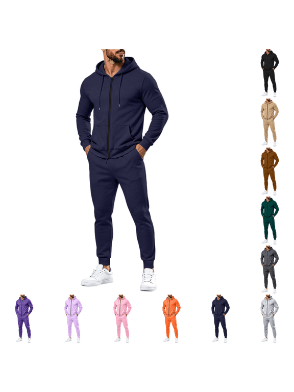 Mens 2 Piece Tracksuit Winter Full Zip Sweatsuit Set Fashion Long Sleeve Drawstring Hoodies& Casual Jogger Sweatpants Navy XL