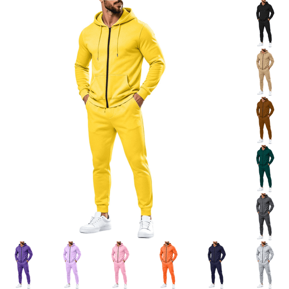 Mens 2 Piece Tracksuit Winter Full Zip Sweatsuit Set Fashion Long Sleeve Drawstring Hoodies& Casual Jogger Sweatpants Yellow M