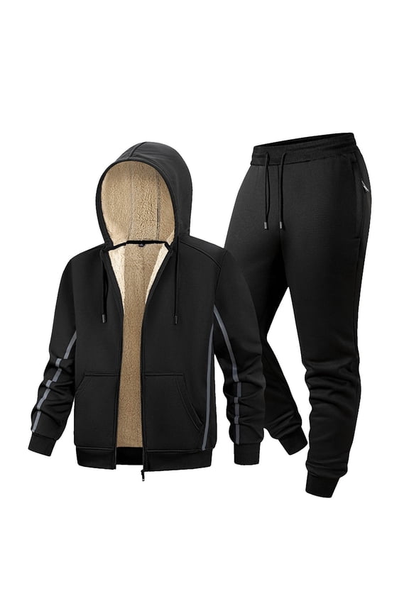 Mens 2 Piece Tracksuits Sherpa Lined Thick Zip Up Hoodie Jacket and Joggers Pant Sets Warm Winter Sport Outfits (2XL, Black)