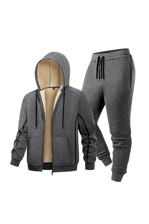 Mens 2 Piece Tracksuits Sherpa Lined Thick Zip Up Hoodie Jacket and Joggers Pant Sets Warm Winter Sport Outfits (3XL, Gray)