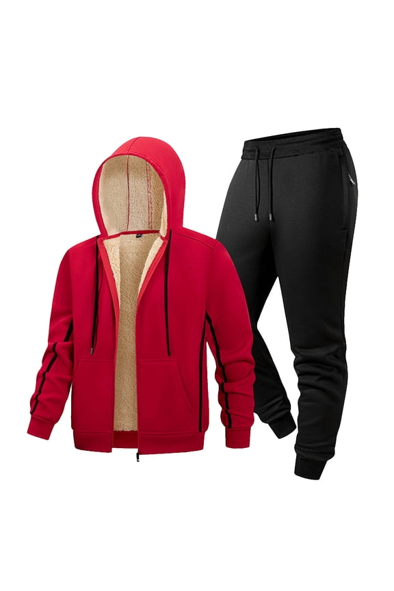 Mens 2 Piece Tracksuits Sherpa Lined Thick Zip Up Hoodie Jacket and Joggers Pant Sets Warm Winter Sport Outfits (L, Red)
