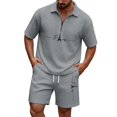 thumbnail image 1 of Mens 2 Piece Zip Tracksuit Short Sleeve Print Polo Shirt and Shorts Sets,Letter Printed Waffle pattern Summer Outfits Grey L, 1 of 4