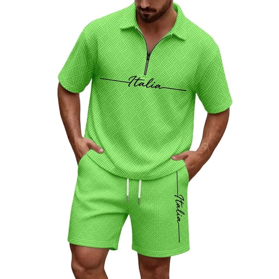 Mens 2 Piece Zip Tracksuit Short Sleeve Print Polo Shirt and Shorts Sets,Letter Printed Waffle pattern Summer Outfits Light Green L