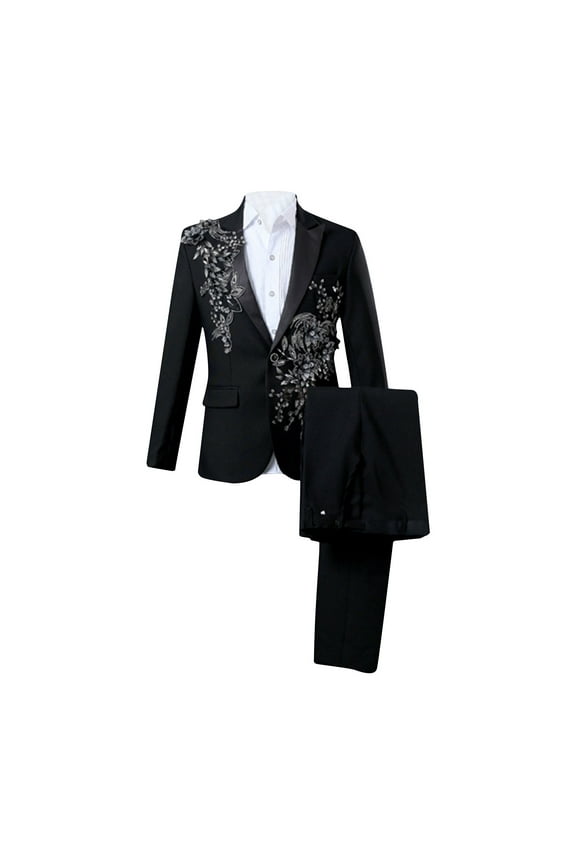 Mens 2 Pieces Luxury Embroidered Suits 1 Button Print Dinner Tuxedo Glitter Formal Dress Costume Elegant Blazer Dress Suit
