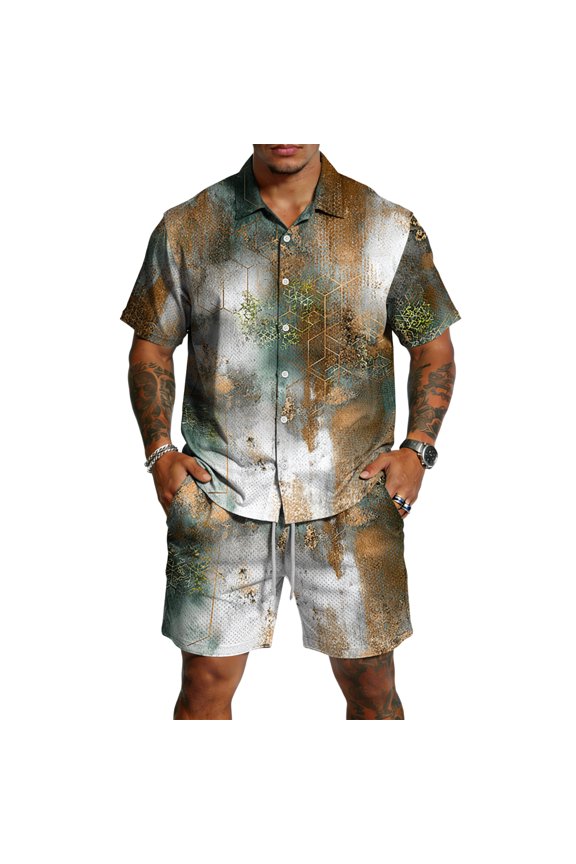 Mens 2 Pieces Set Texture Print Short Sleeve Shirt and Shorts Resort Wear Summer Vacation Beach Matching Outfits