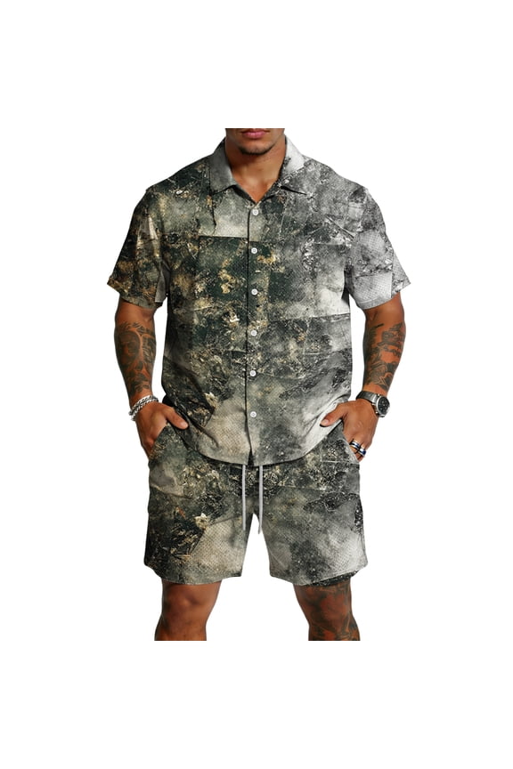 Mens 2 Pieces Set Texture Print Short Sleeve Shirt and Shorts Resort Wear Summer Vacation Beach Matching Outfits