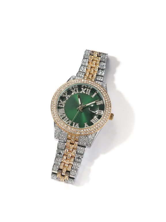 Mens 2 Tone Gold Finish Simulated Diamond Bling Stainless Steel Iced Out Hip Hop Roman Numeral Custom Luxury Waterproof Quartz Watch 42mm