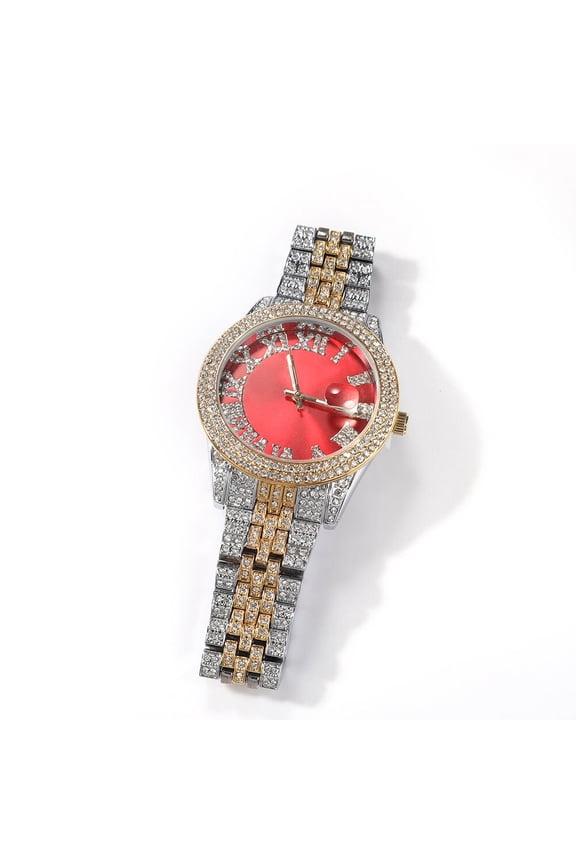 Mens 2 Tone Gold Finish Simulated Diamond Bling Stainless Steel Iced Out Hip Hop Roman Numeral Custom Luxury Waterproof Quartz Watch 42mm