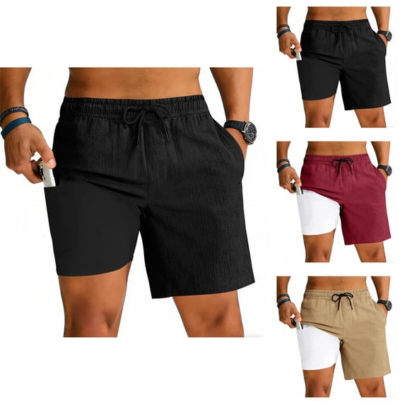 Mens 2 in 1 Athletic Running Shorts with Compression Liner Lightweight Cotton Linen Elastic Waist Workout Shorts with Pockets