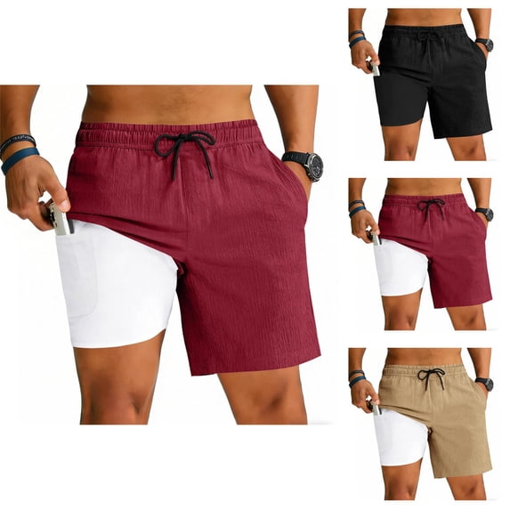 Mens 2 in 1 Athletic Running Shorts with Compression Liner Lightweight Cotton Linen Elastic Waist Workout Shorts with Pockets