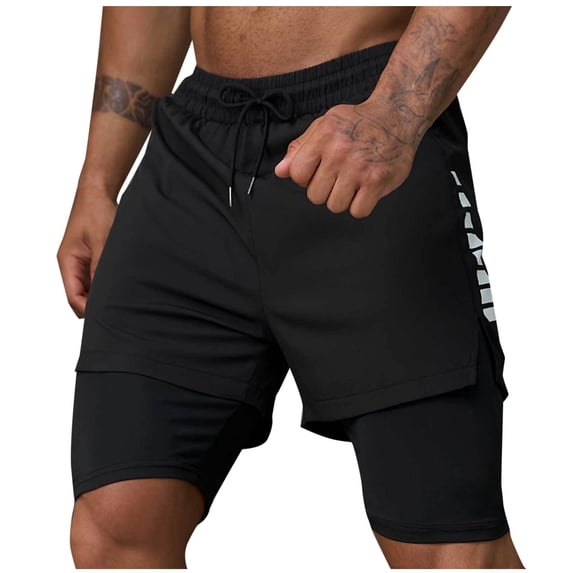 Mens 2-in-1 Athletic Workout Running Shorts Drawstring Waist with Zipper Pockets Gym Short Pants Fathers Gift