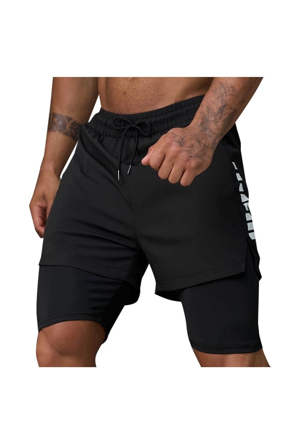 Mens 2-in-1 Athletic Workout Running Shorts Drawstring Waist with Zipper Pockets Gym Short Pants Fathers Gift